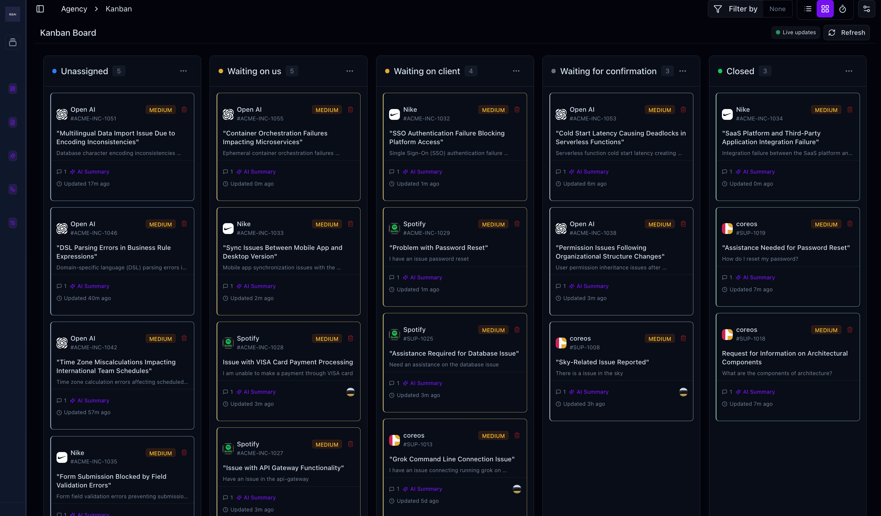 Issai platform dashboard showing customer support and incident management interface